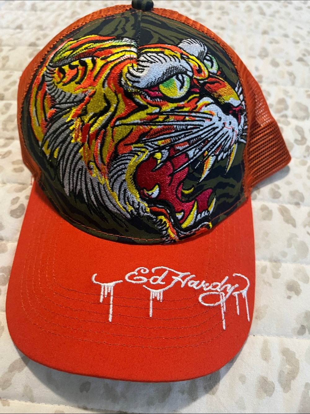 Ed Hardy Mens Orange Tiger Embroidered Mesh Cap